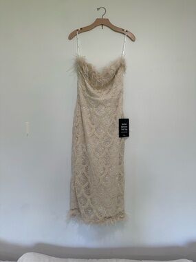 Lulus Uniquely Confident Cream Lace Feather Strapless Midi Dress White - Size M